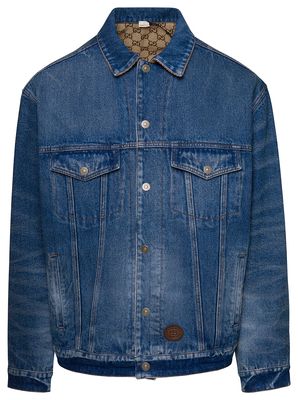 Gucci Blue Reversible Denim Jacket With Monogram Gg Canvas In Cotton Man