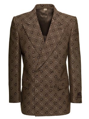 Gucci Brown Double Breasted Blazer With All-over Maxi Horsebit Print In Wool Blend Man