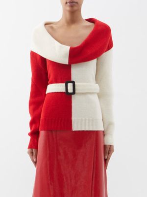 Gucci - Colour-block Belted Wool Sweater - Womens - Red Cream