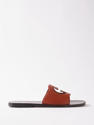 Gucci - Cutout-monogram Leather Slides - Mens - Brown Red
