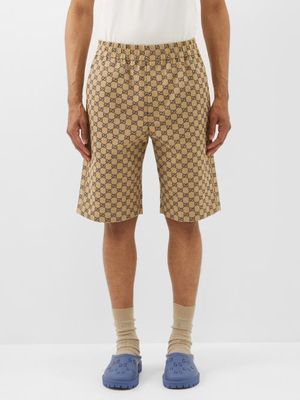 Gucci - Elasticated-waist Cotton-blend Gg-jacquard Shorts - Mens - Brown Multi