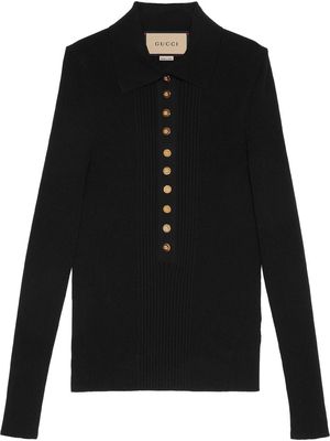Gucci extra-fine ribbed polo top - Black