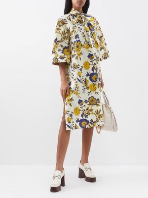 Gucci - Floral-print Bow-neck Cotton Poplin Midi Dress - Womens - White Yellow Multi
