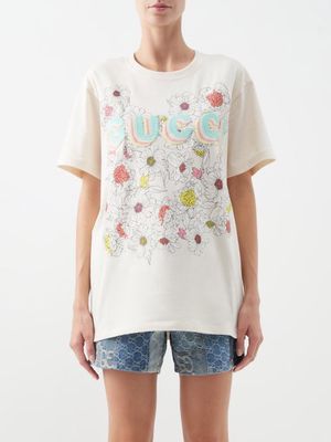 Gucci - Floral-print Cotton-jersey T-shirt - Womens - Ivory Multi