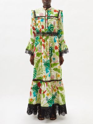 Gucci - Floral-print Lace-trim Muslin Dress - Womens - Green Multi