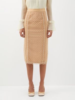 Gucci - GG-embroidered Lace Midi Skirt - Womens - Nude