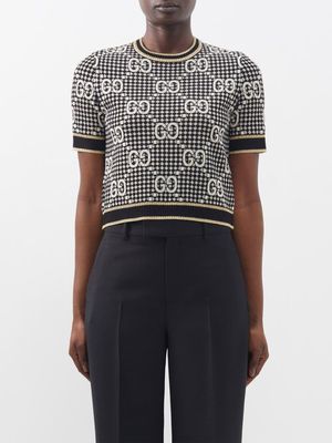 Gucci - GG-jacquard Check Wool-blend Cropped Sweater - Womens - Black Multi