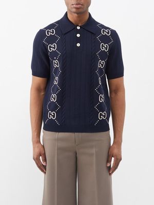 Gucci - GG-logo Knitted Cotton Polo Shirt - Mens - Blue Ivory