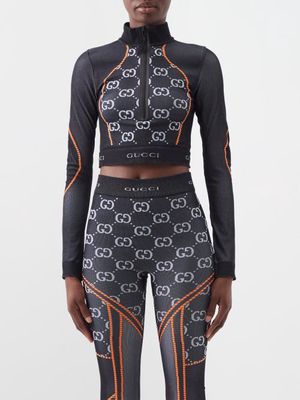 Gucci - GG-monogram Long-sleeved Jersey Crop Top - Womens - Black Multi