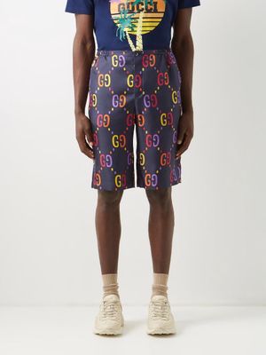 Gucci - GG-print Silk-twill Shorts - Mens - Blue Multi