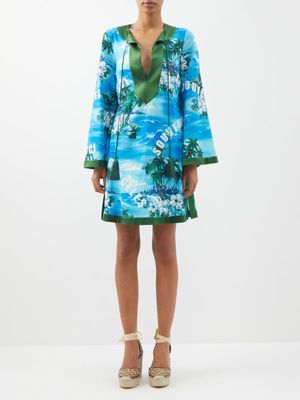 Gucci - Hawaiian-print Cotton-poplin Mini Kaftan Dress - Womens - Blue Multi