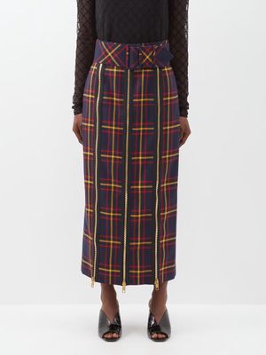 Gucci - High-waist Belted Zip-front Wool Tartan Skirt - Womens - Black Multi