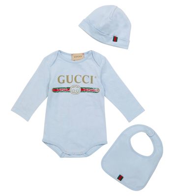 Gucci Kids Baby logo cotton bodysuit, hat and bib set