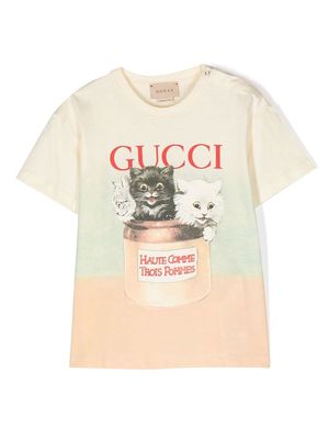 Gucci Kids cat-motif illustration-print T-Shirt - Yellow