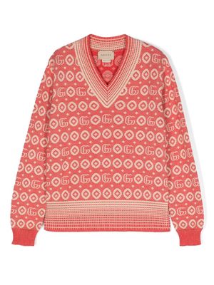 Gucci Kids patterned-intarsia V-neck jumper - Red