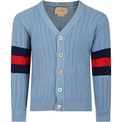 Gucci Light Blue Cardigan For Boy With Web Ribbon Motif