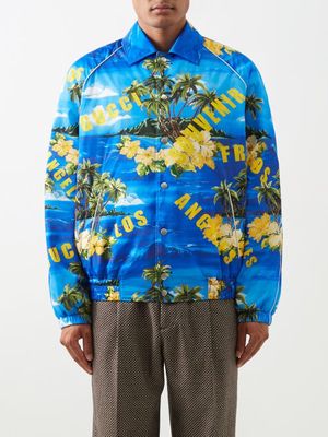 Gucci - Logo And Floral-print Satin Jacket - Mens - Blue Multi