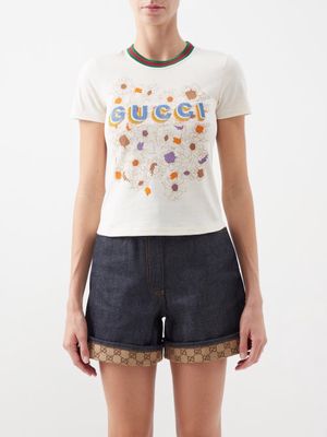 Gucci - Logo-appliqué Floral-print Cotton-jersey T-shirt - Womens - Ivory Multi