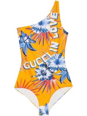 Gucci logo-print one-shoulder swimsuit - Yellow