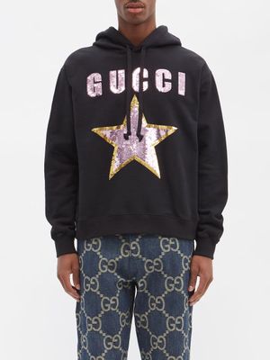 Gucci - Logo-sequinned Cotton-jersey Hooded Sweatshirt - Mens - Black Multi