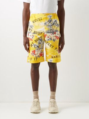 Gucci - Palm-print Cotton Shorts - Mens - Yellow Multi