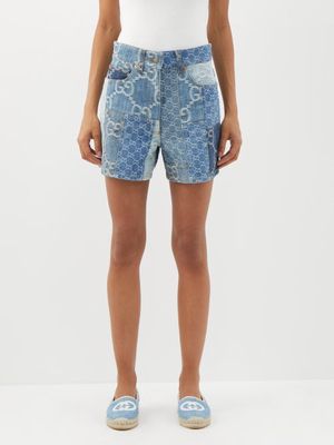 Gucci - Patchwork Gg-embroidered Denim Shorts - Womens - Denim