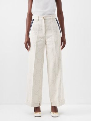 Gucci - Pleated Cotton-blend Gg-jacquard Trousers - Womens - Ivory