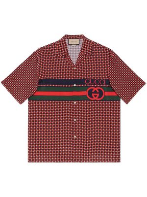 Gucci Red Geometric Houndstooth Print Bowling Shirt