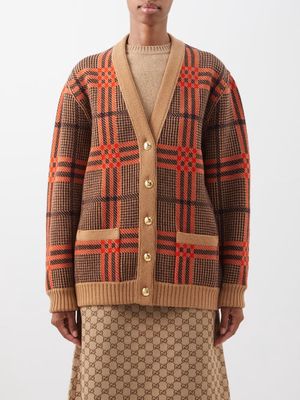 Gucci - Reversible Check & Gg-jacquard Wool-blend Cardigan - Womens - Brown Multi