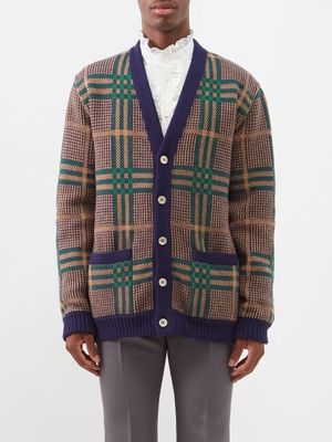 Gucci - Reversible Gg-jacquard Checked Wool-blend Cardigan - Mens - Blue Multi