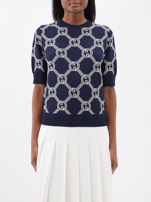 Gucci - Reversible Gg-jacquard Wool Sweater - Womens - Navy White