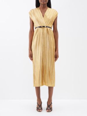 Gucci - V-neck Belted Lamé Midi Dress - Womens - Gold
