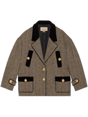 Gucci velvet-trim herringbone short coat - Brown