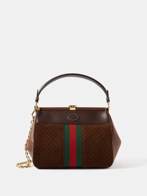 Gucci - Virgo Gg-monogram Velvet And Leather Handbag - Womens - Dark Brown