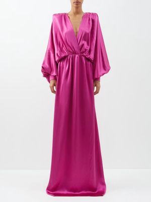 Gucci - Wrap-front Balloon-sleeve Silk-blend Gown - Womens - Dark Pink