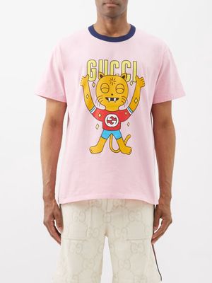 Gucci - X Pablo Delcielo Tiger-print Cotton-jersey T-shirt - Mens - Pink Multi