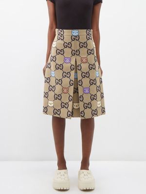 Gucci - X Pikarar Bear And Gg-supreme Cotton-blend Skirt - Womens - Brown Multi