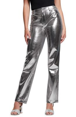 GUESS Ambra Metallic Faux Leather Straight Leg Pants in Silver