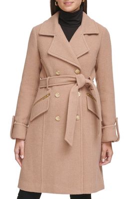 GUESS Double Breasted Belted Wool Blend Coat in Camel