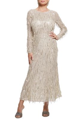 GUESS Elodie Sequin Fringe Long Sleeve Mesh Maxi Dress in Pearl Oyster Multi