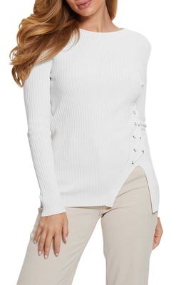 GUESS Irmine Laced-Up Rib Sweater in White