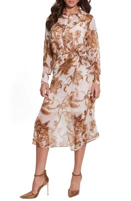 GUESS Lama Floral Long Sleeve Midi Shirtdress in Porcelain Floral Print Brown