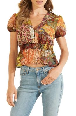 GUESS Lila Paisley Puff Sleeve Crop Top in Paisley Fields Print