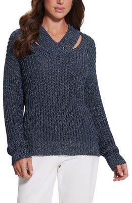GUESS Lise Sparkle Cutout V-Neck Sweater in Blackened Blue Lurex Multi