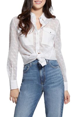 GUESS Logo Embroidery Sheer Button-Up Shirt in White
