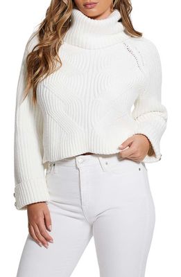 GUESS Lois Crystal Button Cuff Cotton Blend Turtleneck Sweater in White