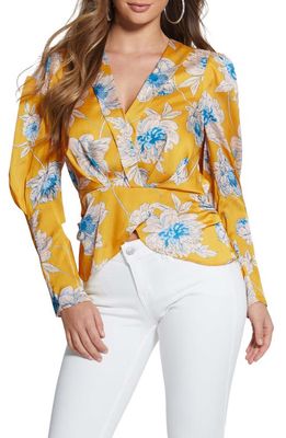 GUESS Lorenza Floral Faux Wrap Satin Blouse in Golden Bloom Print