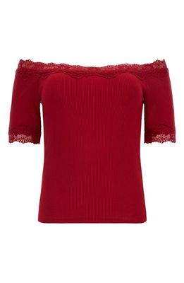 GUESS Mei Lace Trim Off the Shoulder Top in Red