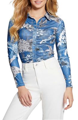 GUESS Milana Ruched Tiger Stripe Snap-Up Blouse in Blue