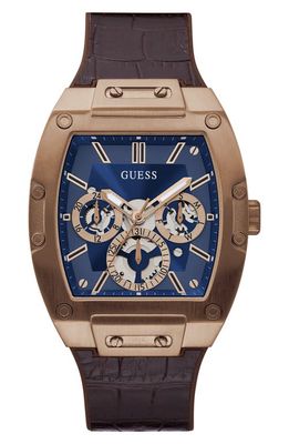 GUESS Multifunction Croc Embossed Leather & Silicone Strap Watch